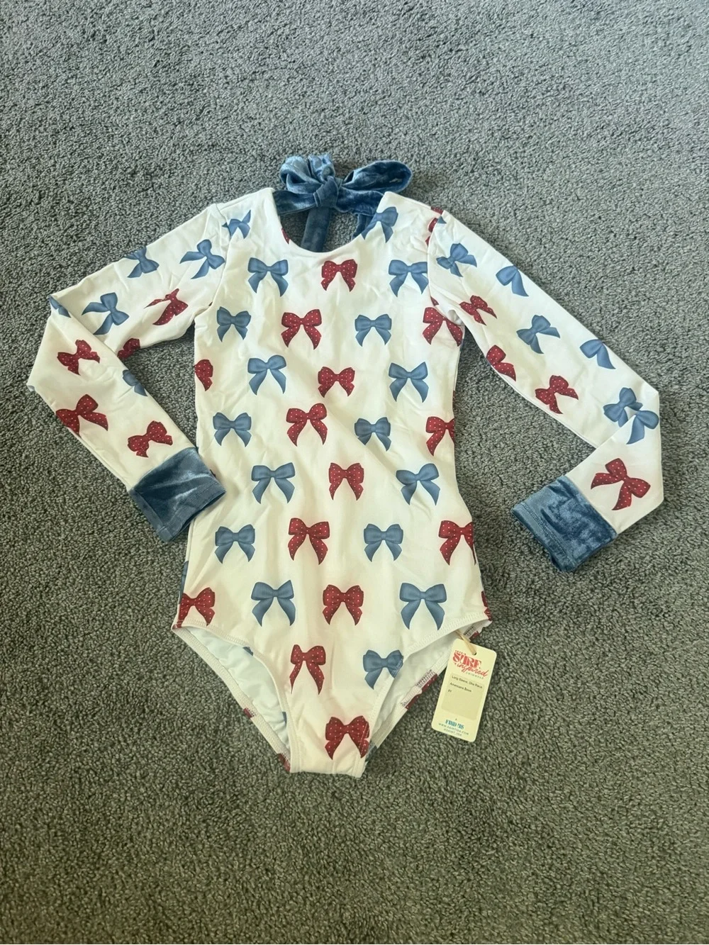 Saint Ida Americana Bow Print Long Sleeve Swimsuit with Blue Velvet Accents Sz 8